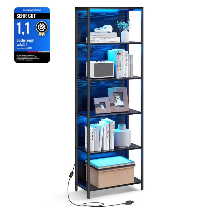 Рівнева книжкова полиця VASAGLE, окремостояча полиця з регульованим світлодіодним освітленням, сталевий каркас, 30,3 x 60 x 178,6 см, для вітальні, спальні, кабінету, чорний колір Ebony Black LLS120B57 60B см, 6-