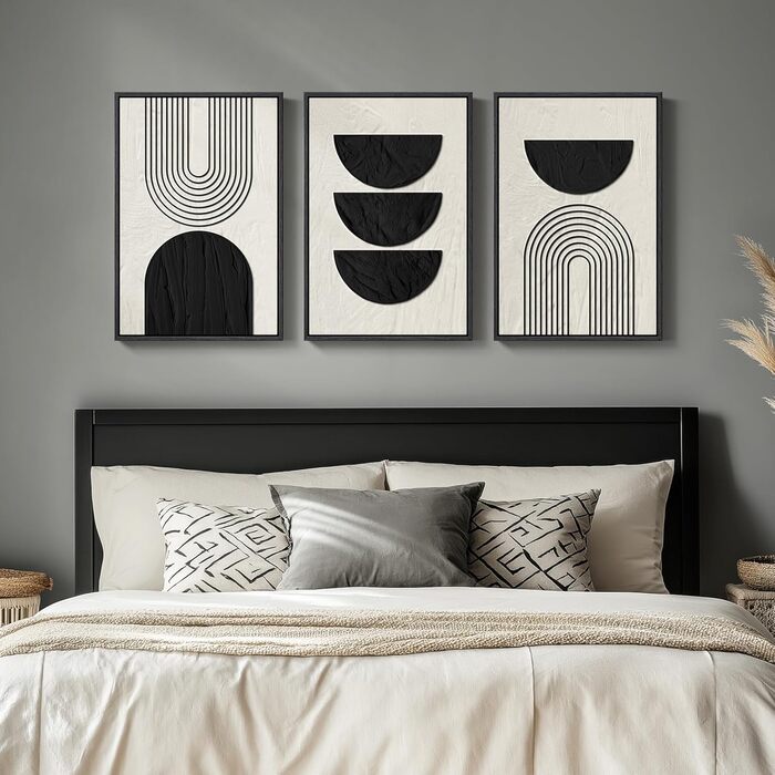 Чорно-біле абстрактне настінне мистецтво в стилі бохо в рамці, 3 шт. сучасні бежеве полотно, картини-витвори мистецтва для стін, чорні геометричні картини для вітальні, спальні, коридору, офісу, настінний декор 16x24 дюймів, 16&39 Ш x 24&39 В x 3 шт. геом