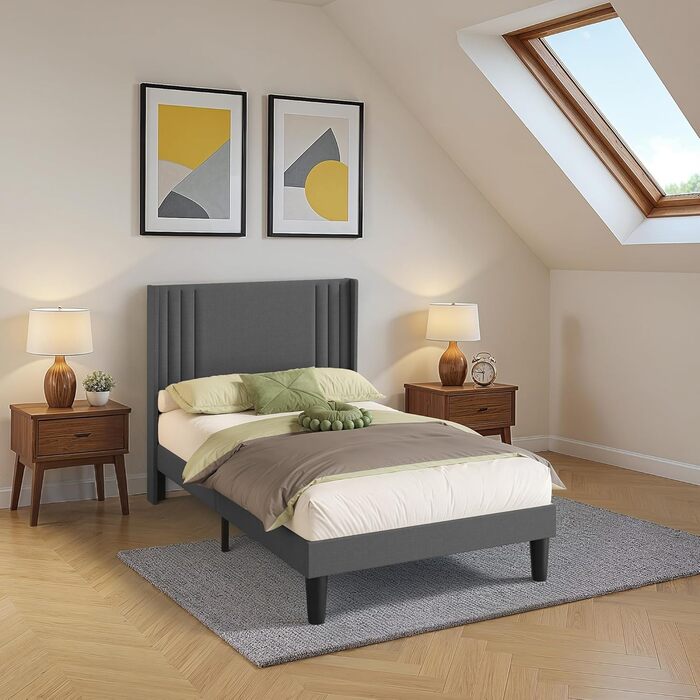 М&39яке ліжко 120x200 см, каркас ліжка з узголів&39ям та рейковою основою, м&39який каркас ліжка, міцне тканинне ліжко для дорослих та підлітків, темно-сірий колір, 120x200 см