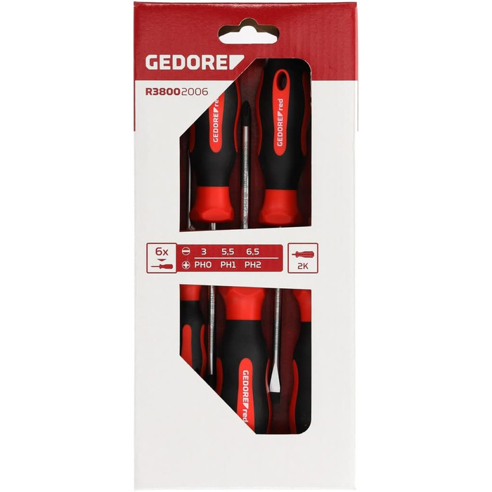 Набір викруток GEDORE red 6 предметів, плоскі та хрестоподібні, двокомпонентна ручка, інструмент, R38002006