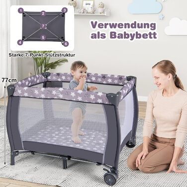 Складана приліжкова ліжечка COSTWAY 3 в 1, дорожнє ліжечко з матрацом, підвісні іграшки, музичний мобіль, пеленальний столик та сумка для перенесення, 2-рівневе дитяче ліжечко з колесами для дітей до 36 місяців (темно-сірий)