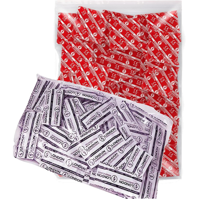 Презервативи London Q600 Moist - Sensi-fit для щільного прилягання та London Red Condoms - червоні презервативи зі смаком полуниці - зволожені силіконовим мастилом - 1000 шт.
