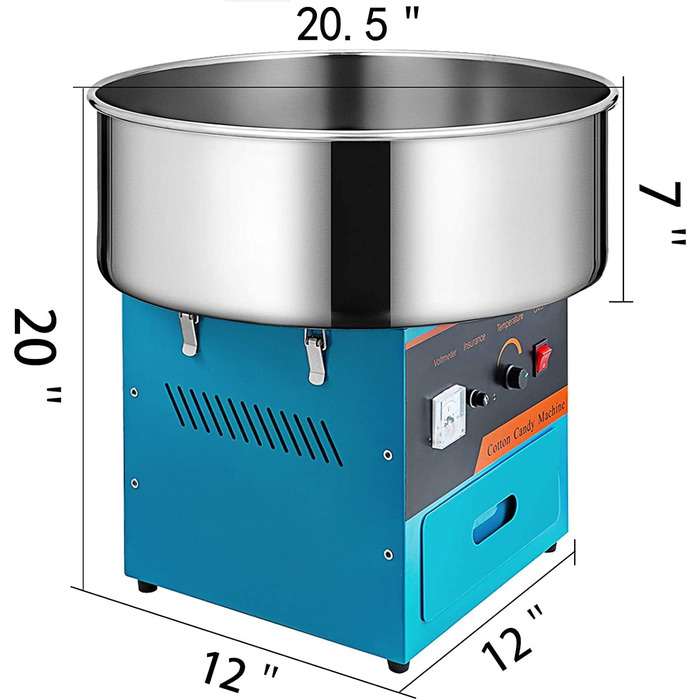 Машина для виробництва солодкої вати VEVOR 1000 Вт Машина для виробництва солодкої вати Машина для дому без візка Гумова стрічка, лопата для цукру та вугільні щітки Синій