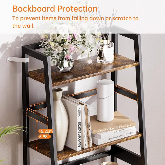 Полиця-драбина HITNET, 4-рівнева книжкова полиця, окремостояча полиця, компактна відкрита полиця для ванної кімнати, підставка для рослин, рустикальний коричневий та чорний колір