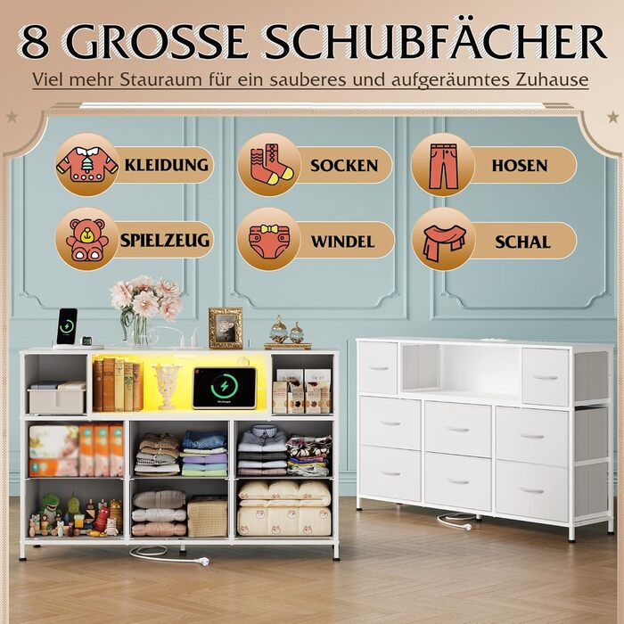 Комод WLIVE, 8 тканинних шухляд, комод з розетками, універсальний комод для спальні та вітальні, з міцним сталевим каркасом та дерев&39яною стільницею, 120 * 30 * 79 см (білий)