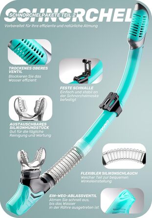 Набір для підводного плавання CAPAS з ластами, спорядження для підводного плавання дорожнього розміру для дорослих з короткими регульованими ластами, високоміцною маскою для дайвінгу та трубкою Dry Top, з сумкою для перенесення L/XL (42/47) зелено-чорний