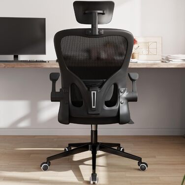 Ергономічне офісне крісло Monhey регульоване офісне крісло з поперековою опорою, підголівником, складними підлокітниками та сітчастою спинкою крісло для домашнього офісу, поворотне, дихаюче 01 Чорний