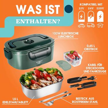 Електричний ланч-бокс TRAVELISIMO з підігрівом 100 Вт, електричний ланч-бокс з підігрівом 1,5 л, 3-в-1, підігрівач їжі 12 В/24 В/220 В, електричний ланч-бокс для робочого автомобіля/вантажівки та підігрівач темно-зеленого кольору