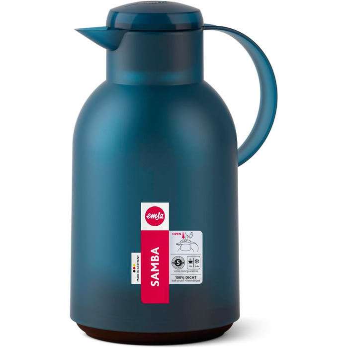 Ізольований глечик Emsa Samba, місткість 1,5 літра, застібка Quick Press, 100 герметичний, зберігає напої гарячими протягом 12 годин і холодними протягом 24 годин, зі скляною підкладкою, зроблено в Німеччині, напівпрозорий/океанський блакитний, N4012000 1
