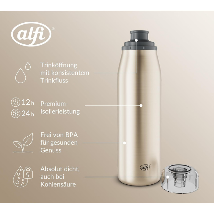 Пляшка alfi ISO 500 мл, золоте шампанське, ізольована пляшка з нержавіючої сталі, абсолютно герметична кришка, що закручується, зберігає напої гарячими 12 годин, холодними 24 години, підходить для газованих напоїв, без BPA, 500 мл золоте шампанське