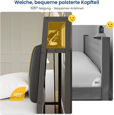 Ліжко 90x200 см з металевою рейковою основою, каркас ліжка 90x200 см зі світлодіодним підсвічуванням, дитяче ліжко 90x200 см з узголів&39ям та зарядною станцією (2 розетки змінного струму, 2 порти USB), металеве односпальне ліжко, чорне, 90x200 см