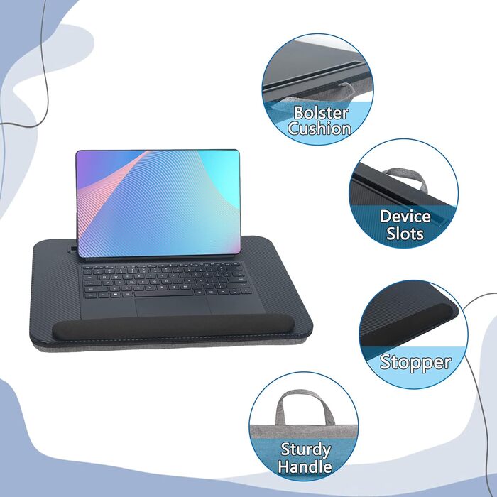 Складаний столик для ноутбука до 16 дюймів з підставкою для планшета, вбудованою подушкою та підтримкою зап'ясть, ідеальний для дому та офісу. Чорний ноутбучний столик на коліна з подушкою.