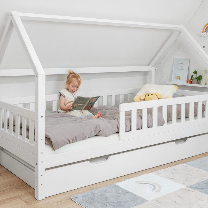 Ліжко Ehrenkind Lille House Дитяче ліжко зі знімними захисними поручнями з масиву дерева, сертифіковане FSC, включаючи шухляди Ліжко House 90x200 Дитяче ліжко 90x200 Біле 90 x 200 см з шухлядами