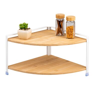 Кутова полиця для спецій eluno з бамбуковими полицями та захистом від подряпин, окремостояча кутова полиця для кухні, універсальний органайзер для більшого простору та порядку - комбінація матеріалів бамбук та метал (білий) білий