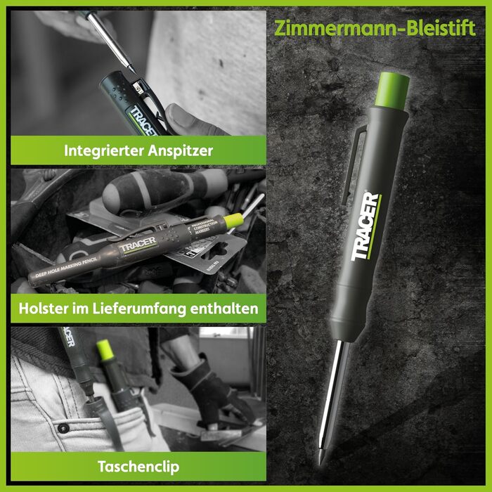 Набір будівельних маркерів Tracer з 5 предметів у футлярі для зберігання столярний олівець, 2 маркери з довгим наконечником, маркер, що не засмічується, та дозатор для змінних картриджів.