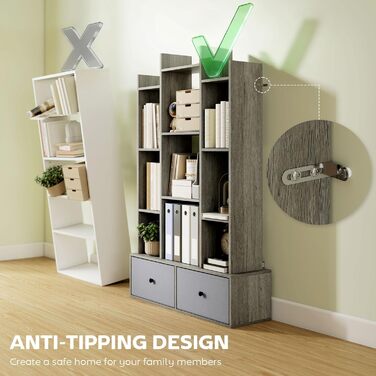 Книжкова полиця HOMCOM Tree, 12-ярусна підлогова книжкова шафа з 2 складними шухлядами, окремостояча книжкова полиця для зберігання речей, вітальні, домашнього офісу, спальні, графітовий ефект дерева