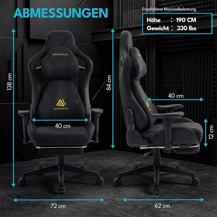 Ігрове крісло, офісне крісло, ергономічне, дихаюче ігрове крісло зі штучної замші, робоче крісло з підставкою для ніг, підголівником та поперековою подушкою, 3D-підлокітники, спинка 90-155, чорний колір