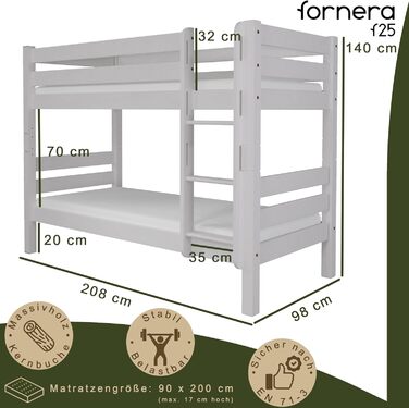Двоярусне ліжко fornera f25 з масиву дерева для 2 дітей з серцевини бука 90x200см - двоярусне ліжко горище з рейковою рамою - дитя