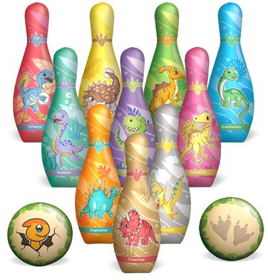 Гра STAY GENT у боулінг з динозаврами для дітей, м&39який набір для боулінгу з 10 кеглями та 2 м&39ячами, дитяча іграшка, іграшка для приміщень, саду та вулиці, ігри, подарунки для дітей віком 2, 3, 4, 5, 6 років, хлопчики та дівчатка, вишневий жовтий ква