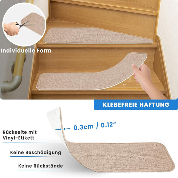 Килимки для сходів 76x20 см, самоклеючі килимки для внутрішніх сходів, 15 шт. , протиковзкі, ріжучі, багаторазові, для захисту домашніх тварин, людей похилого віку та дітей (бежевий)