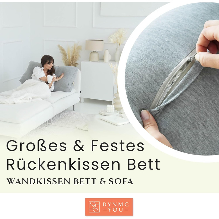 Зручна подушка для спини DYNMC you, бавовняний вигляд, 90 см, Oeko-TEX, сучасна клиноподібна подушка для ліжка, набивка середньої жорсткості - ідеально підходить як подушка для читання, настінна подушка, спинка - преміальне узголів&39я ліжка