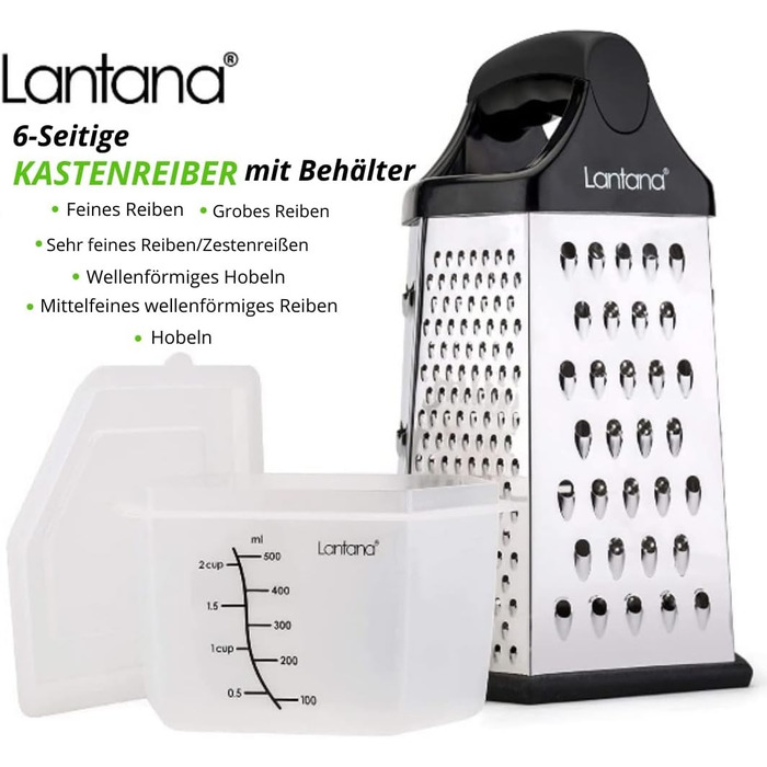 Терка Lantana 6-гранна з контейнером - ручна терка/слайсер/подрібнювач. 6 незамінних кухонних функцій для крупного, середнього, др
