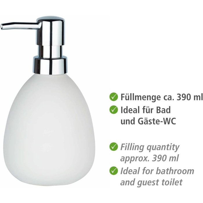 Дозатор для мила WENKO Polaris, багаторазовий дозатор для рідкого мила та лосьйону з високоякісної кераміки, 9,5 x 16 x 9 см, об'є