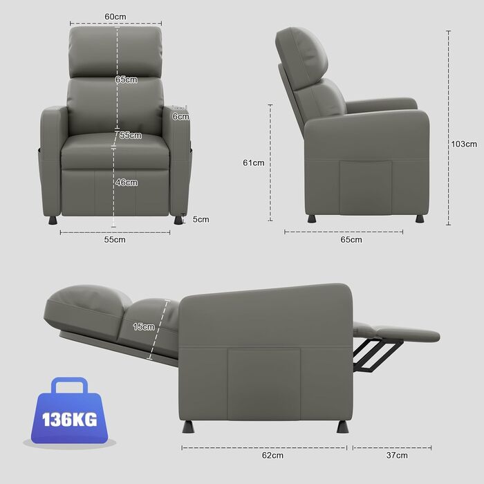 Крісло-реклайнер JUMMICO Recliner для телевізора з функцією відкидання, електрично регульоване, з штучної шкіри, для вітальні, спальні, домашнього кінотеатру (сіро-зелене)