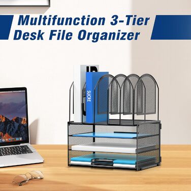 Органайзер для паперу SUPEASY, 3-рівневий лоток для листів з 5 вертикальними тримачами для файлів, багатофункціональний настільний органайзер, органайзер для папок з файлами, чорний