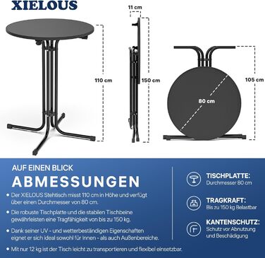 Складаний бістро-стіл, круглий складаний барний стіл з кришкою, водонепроникний для садів, бістро, весіль та заходів на свіжому повітрі, чорний