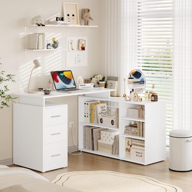Кутовий письмовий стіл FirFurd з подовжувачем, L-подібний комп&39ютерний стіл з книжковою полицею та шухлядами, кутовий стіл з місцем для зберігання, ПК-стіл для навчання/домашнього офісу, 129 x 104 x 76 см, білий