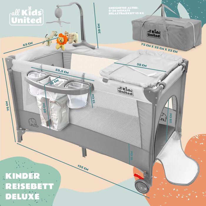 Дитяче ліжечко-дорожнє ліжечко all Kids United - Дитяче ліжечко Babycenter з матрацом, пеленальний килимок, музична іграшка та мобіль (сірий)