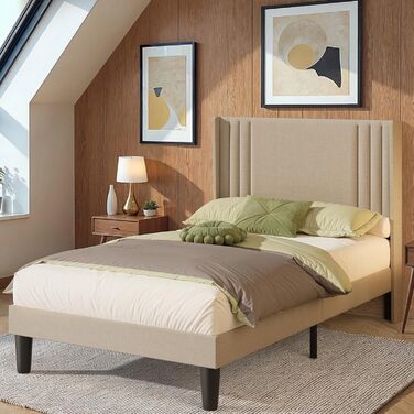 М&39яке ліжко 120x200 см, каркас ліжка з узголів&39ям та рейковою основою, м&39який каркас ліжка, міцне тканинне ліжко для дорослих та підлітків, бежевий 120x200 см