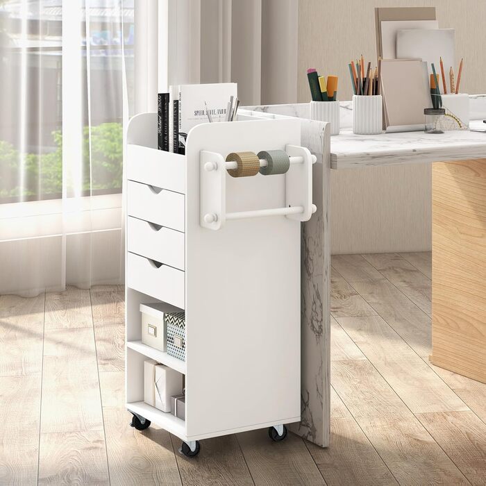 Контейнер на колесах COSTWAY з 3 шухлядами, візок для рукоділля з 2 коліщатками та 3 відділеннями, дерев&39яна шафа з шухлядами на колесах, багатоцільовий візок на колесах для офісу/кабінету (білий)