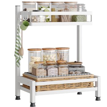 Багатофункціональна підставка для спецій NETEL, стояча, 2 рівні, підставка/тримач для спецій з нержавіючої сталі, органайзер для кухонних полиць на 4 гачки, біла, 2 рівні (базова модель)