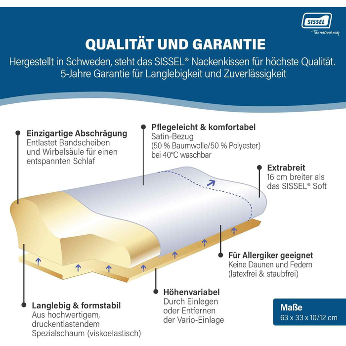 Подушка для шиї SISSEL Soft Deluxe Атласний чохол, який можна прати при 40C В&39язкопружна піна Надзвичайно широка та регульована по висоті Оптимальний комфорт сну Зроблено у Швеції 63x33 см 5-річна гарантія