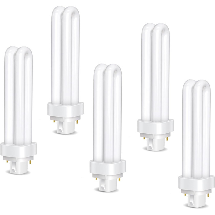 Високоефективна люмінесцентна лампа з низьким споживанням, підходить для кухні, їдальні, офісу, 5pcs G24d-3 2-Pin PLC Tube Lamps 26W, Cool White Light 6500K, 1600LM, 2U Double Rotating Tube