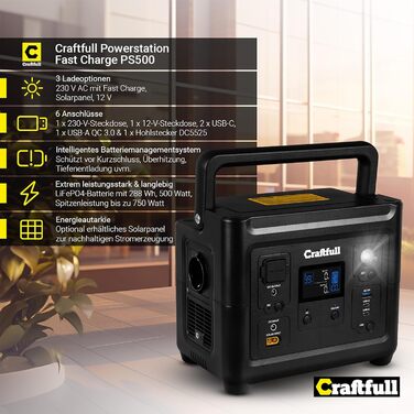 ЗВЕЛИКІ ЄМНОСТІ - 750 Вт - Літій-літій-літій-полімерний акумулятор - 80 після &gt 2000 циклів зарядки - SOS - USB-C/USB-A/автомобільний/Schuko штекер (0 ПДВ, 500 Вт), 500 3