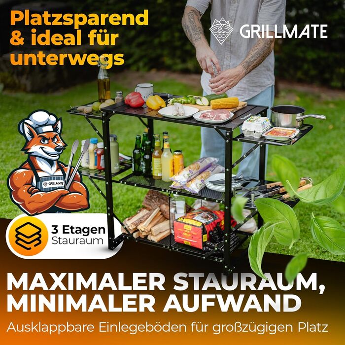 Складаний стіл для гриля на відкритому повітрі, стійкий до погодних умов Бічний стіл для гриля, стіл для гриля, балкону, кемпінгу, саду Складана кемпінгова кухня з іржостійкого алюмінію вантажопідйомність 50 кг, включаючи сумку для перенесення