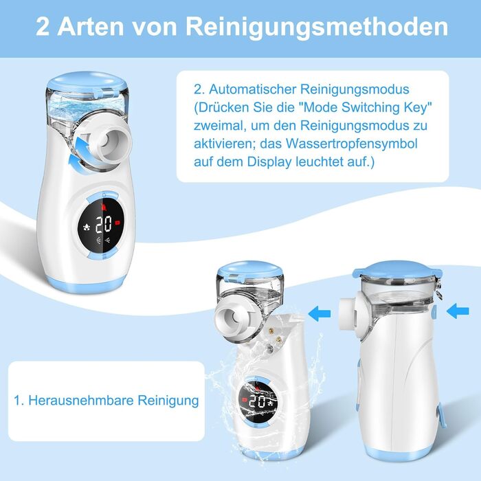 Портативний інгалятор Sentasi для дорослих та дітей, безшумний електричний небулайзер зі світлодіодним цифровим дисплеєм, 2 регульовані схеми розпилення з 2-ма масками та 1 мундштуком (синій)