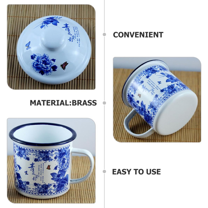 Емальована кружка 500 мл з кришкою та ручкою, синя вінтажна чайна кружка з товстої, безпечної для харчових продуктів емалі для дому, кемпінгу та використання на природі