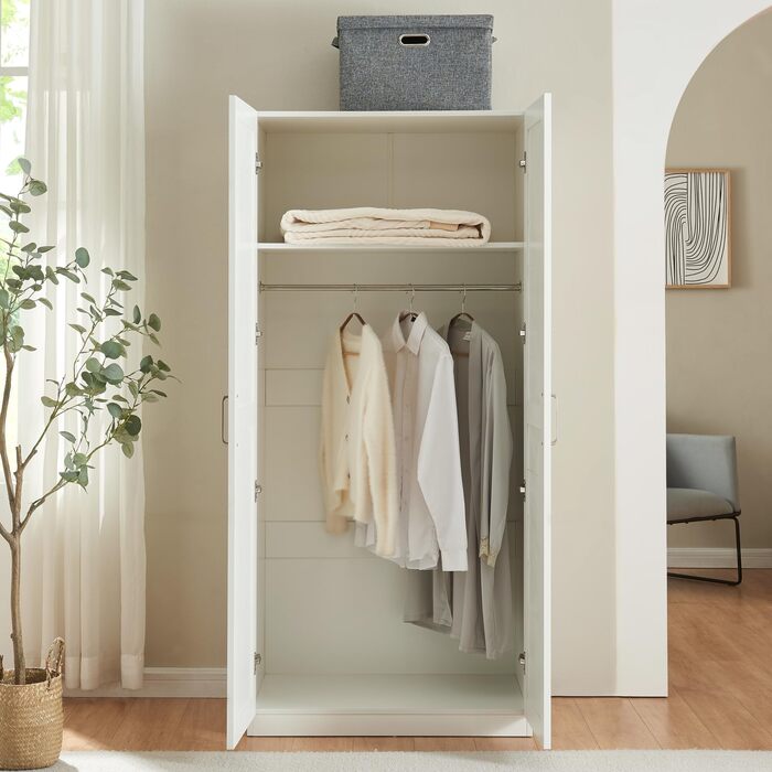 Шафа Finning з 2 дверима, 176 x 80 x 52 см, з 1 рейкою для одягу та 1 верхнім відділенням, біла, ширина 80 см, 1 полиця