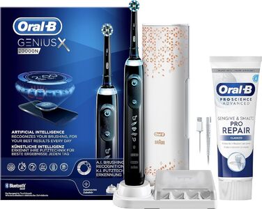 Акумуляторна електрична зубна щітка Oral-B Genius X, 6 режимів щітки, штучний інтелект, 1 насадка для щітки, 1 дорожній кейс, ідея для подарунка, чорний зубна паста в комплекті