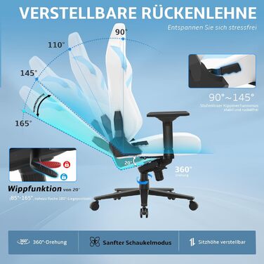 Геймерське крісло, ігрове крісло вантажопідйомністю 200 кг, ергономічне офісне крісло з функцією гойдання, геймерське крісло з підголівником та поперековою опорою, 4D підлокітники, офісне крісло з високою спинкою, ігрове крісло, біло-синє