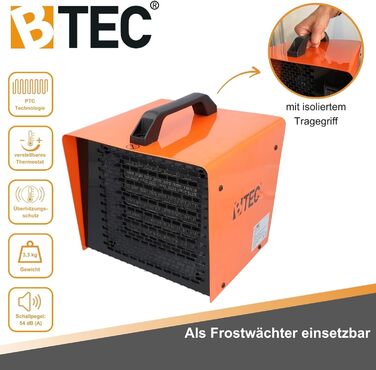 Електричний обігрівач BTEC потужністю 3000 Вт - Керамічні нагрівальні елементи - 2 режими нагріву - Захист від замерзання - Ідеально підходить для будівельних майданчиків, майстерень, гаражів - Радіаційний обігрівач - Обігрівач 3 кВт / 3000 Вт