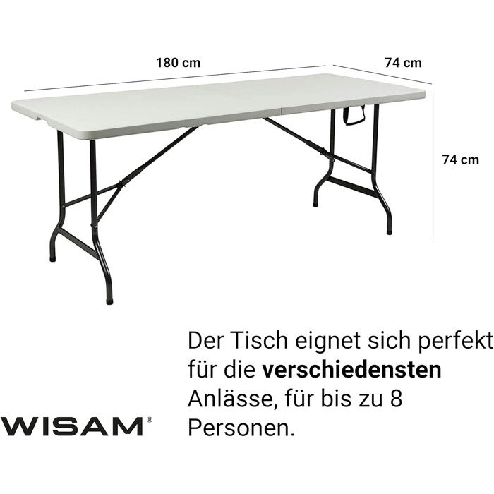 Пластиковий розкладний стіл Wisam, садовий стіл, обідній стіл, кемпінговий стіл, стіл-валіза, складаний 180 см, ідеально підходить для саду, балкону, кемпінгу