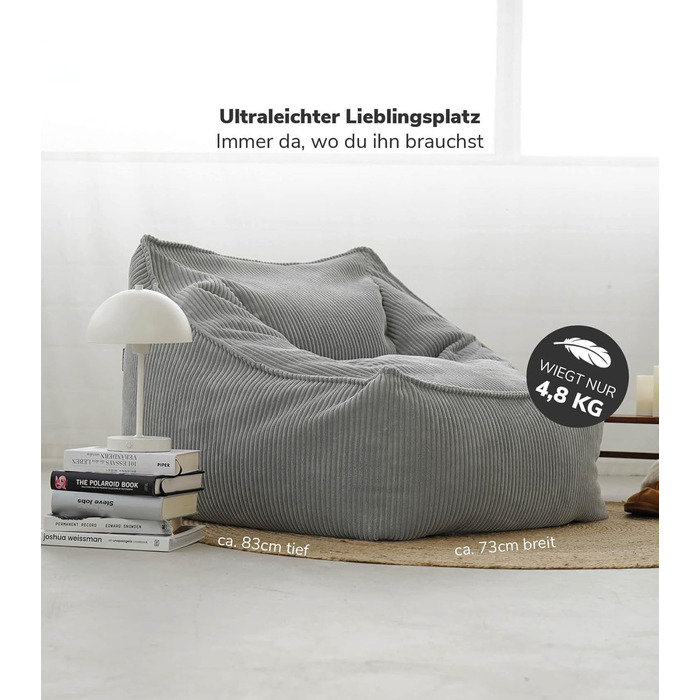 Крісло-мішок з вельвету mokebo The Loafer, XXL, крісло-мішок, вельветове крісло або крісло для відпочинку для вітальні та зимового саду, також як гігантське крісло-мішок розміром 83x73x60 (ШxВxГ у см) сірого кольору, тканина для крісла-мішка з вельвету сі