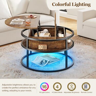 Круглий журнальний столик Dripex, діаметр 81 см, регульований по висоті бічний столик із прихованим місцем для зберігання, вітальня з підйомною стільницею, журнальний столик, дерев&39яний стіл для вітальні, офісу 80*80*47