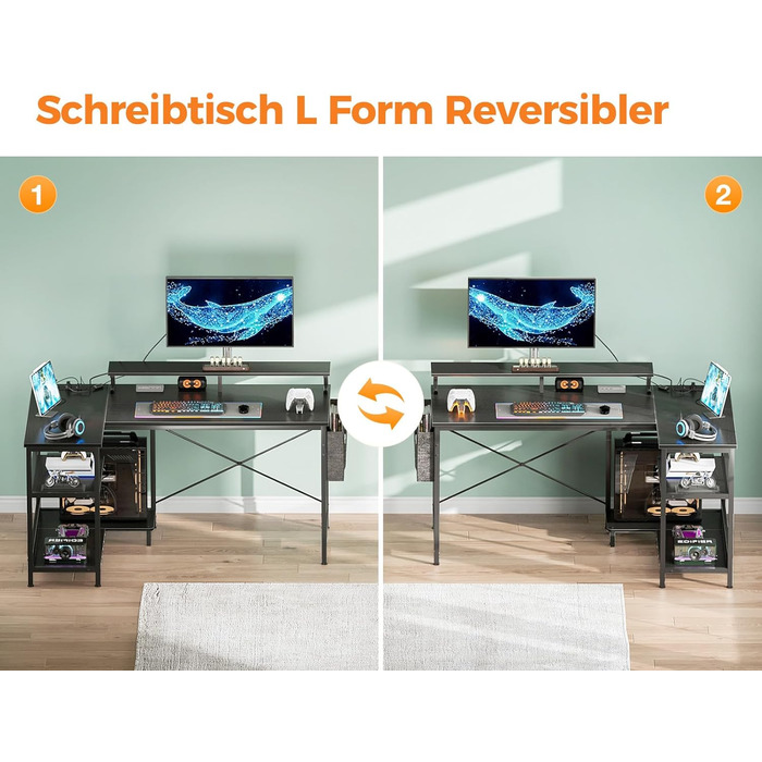Ігровий стіл Coleshome L-подібної форми зі світлодіодним освітленням та розетками, кутовий стіл 120x80 см з полицею, двосторонній L-подібний стіл, чорний з підставкою для монітора, кутовий стіл для офісу/кабінету, чорний, 120x80x87 см