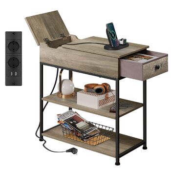 Журнальний столик WLIVE з розеткою, 3-рівнева тумбочка з місцем для зберігання, 2 розетки змінного струму, 2 USB-порти, складна стільниця, журнальний столик для вітальні, кабінету, сірий